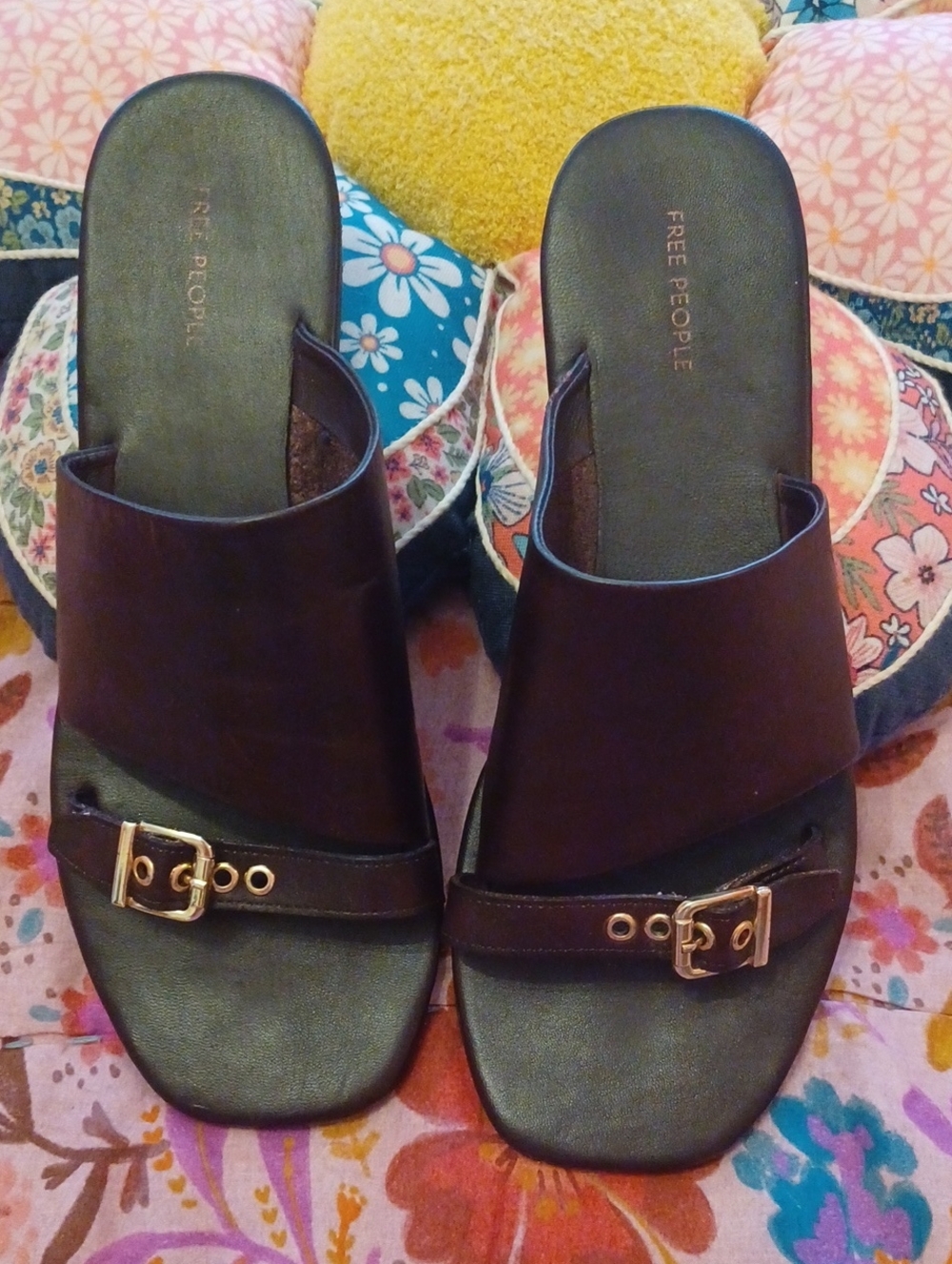 Free People Brown Leather Slide Mules with Gold Buckle